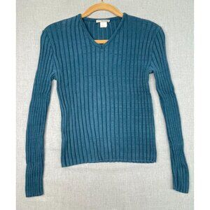 Basic Equipment Women's Blue Long Sleeve V-Neck Knit Blouse Top Small USED